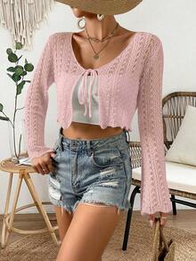 Cárdigan de punto calado de color liso casual para vacaciones - Rosa Pálido - Ver 3