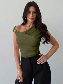 Camiseta blanca ajustada con hombro asimétrico, cintura fruncida, para mujer.Atuendo modesto y elegante para uso diario, playa, aeropuerto, vacaciones, trabajo como maestra. - Verde militar - Ver 3