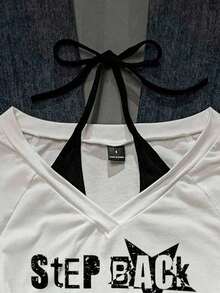 Camiseta de mujer casual de cuello en V retro, con atar, de manga corta y contraste de color, adecuada para el verano - Blanco 10 - Ver 5