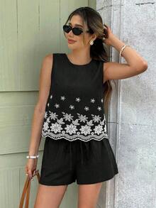 Set de 2 piezas de top sin mangas y shorts para mujer, de moda para el verano - Negro - Ver 5
