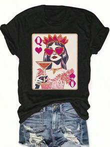 Women's "Queen Of Hearts" T-Shirt - Casual, Polyester, Short Sleeve, Round Neck, With Vibrant Poker Card Design, Suitable For All Seasons, Summer Black - Black - View 4