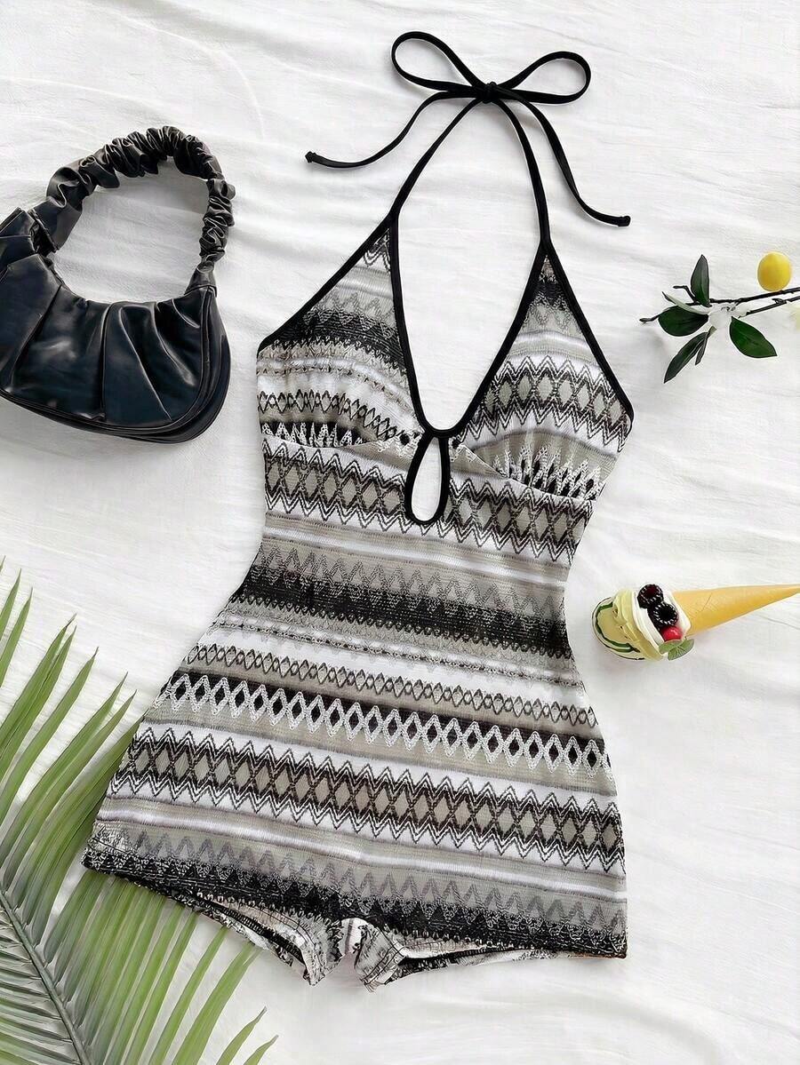 Nuevo mono mini con tirantes de punto multicolor a rayas, sin espalda, adecuado para otoño/invierno, Halloween, Año Nuevo, carnaval, fiesta, cita, té de la tarde, playa, como capa o prenda exterior - Gris - Ver 1