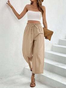 Pantalones casuales de mujer con cintura con cordón a cuadros - Albaricoque - Ver 5