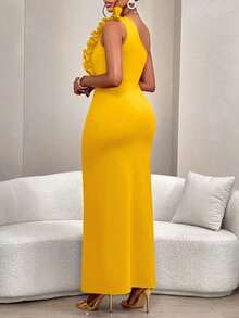 AIJ Vestido elegante de corte asimétrico con hombro descubierto, diseño fruncido y volantes, sin mangas, para mujer, unicolor, para fiestas, citas, fiestas de solteros, cenas formales o eventos de gala en otoño e invierno 2024 - amarillo ganso - Ver 2