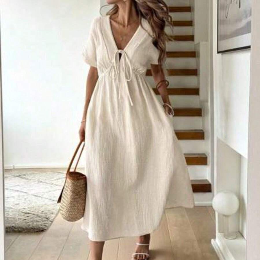 Apricot Bowknot Casual Midi Dress For Women Baby Blue Dress,Sun Dresses For Women Work Summer Dresses,Shirt Dresses For Women - Albaricoque - Ver 1