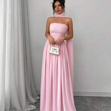 1pc Women Solid Color Halter Dress With Pleated Detail, Elegant Sleeveless Long Dress Maxi Women Outfit - Blanco - Ver 6