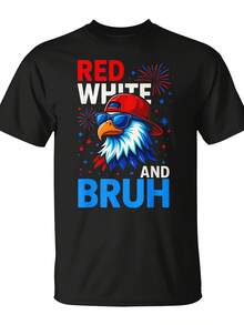 Boys' American T-Shirt In Red And White And Bruh For The 4th Of July | Unisex, Suitable For Daily Wear, Fun Novelty Christmas Item,  Streetwear For Summer, Maximum Comfort And Leisure, Printed T-Shirt, 220G Pure Cotton, Round Neck, Regular Fit. - 黑色 - 查看 1