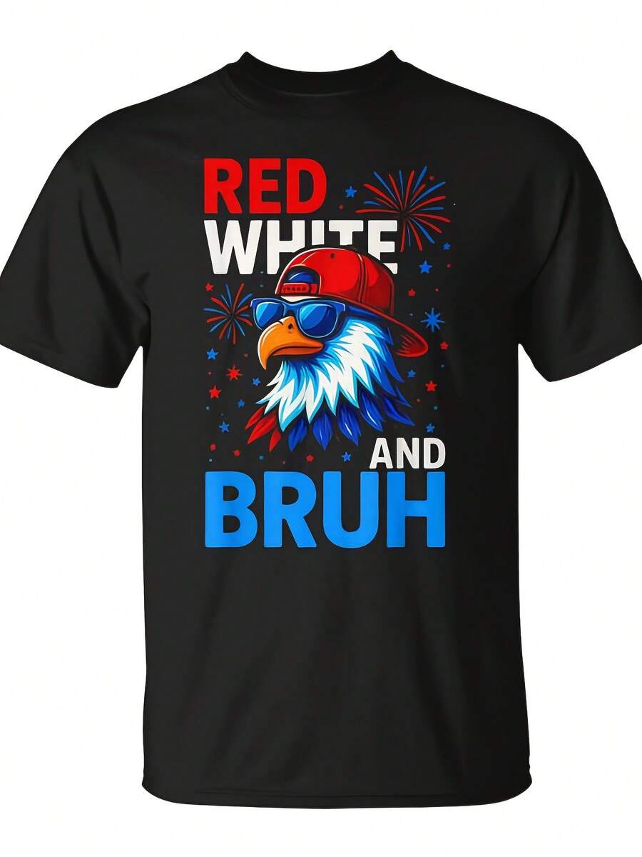 Boys' American T-Shirt In Red And White And Bruh For The 4th Of July | Unisex, Suitable For Daily Wear, Fun Novelty Christmas Item, Streetwear For Summer, Maximum Comfort And Leisure, Printed T-Shirt, 220G Pure Cotton, Round Neck, Regular Fit. - 黑色 - 查看 1