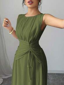 Vestido maxi casual, romántico, vintage y elegante de gasa para mujer con cordón en la cintura, para la playa, el té de la tarde, fiestas de noche, uso diario, sin mangas, de unicolor, vestido largo, primavera/verano - Verde militar - Ver 3