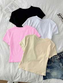 4 piezas Conjunto de camisetas de mujer de cuello redondo de manga corta ajustadas, aptas para el verano y para salir, en negro, blanco, marrón y amarillo crema, 95% algodón, estilo vintage, blusas de verano lindas, estilo softgirl, artículos para salidas de verano, para el hogar, vuelta al colegio, ropa de mujer para otoño, versátil, tops cortos para club y fiesta, paquete de 4 tops cortos básicos de mujer, tops cortos ajustados - Multicolor - Ver 2