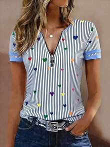 Selamara Camiseta de manga corta de efecto vaquero con cuello en V y diseño con cremallera, casual, para verano - Multicolor 2 - Ver 4