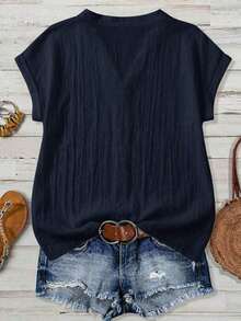 Camisa negra minimalista y casual para mujer, adecuada para el verano - Azul marino - Ver 2
