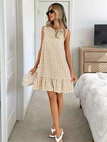 Vestido de verano estilo bohemio con cuello redondo sin mangas y corte evasé a dos colores a cuadros, vestido esencial para vacaciones y uso diario al aire libre - Caqui - Ver 6