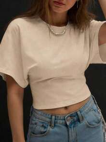 Camiseta blanca casual de mujer de cuello redondo y manga corta, holgada - Beis - Ver 5
