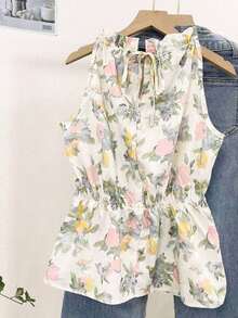 Blusa casual versátil de uso diario con estampado floral y pliegues para mujer - Rosa - Ver 2