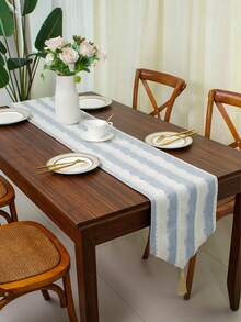 Coastal Light Blue & White Striped Table Runner With Tassel, Boho Farmhouse Textured Woven Dining Table Runner, Decorative Neutral Table Runner For Kitchen Living Room Wedding Party Indoor Outdoor Home Decor - Multicolor - View 7
