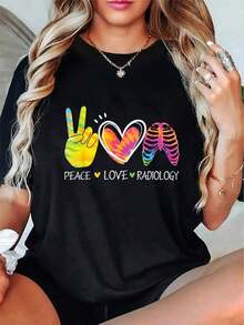 Camiseta gráfica de radiología Peace Love - Camiseta casual para mujeres, diseño de corazón colorido y signo de la paz, cuello redondo, manga corta - Adecuada para radiólogos, técnicos de rayos X y profesionales médicos, regalo de San Valentín, uso diario, envío gratis - Multicolor - Ver 6