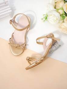 1 đôi sandal cao gót màu vàng kim cho trẻ em, giày công chúa thời trang cho bé gái, đế chống trơn trượt, thích hợp cho các hoạt động mùa hè, tiệc tùng, đám cưới, kỳ nghỉ. - Vàng - Xem 2