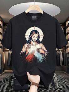 Camiseta Básica de Algodón para Vacaciones|   Estampado de la Divina Misericordia en Algodón de 180g, Blanco/Negro|   Camiseta Básica Unisex para Capas - Negro - Ver 1
