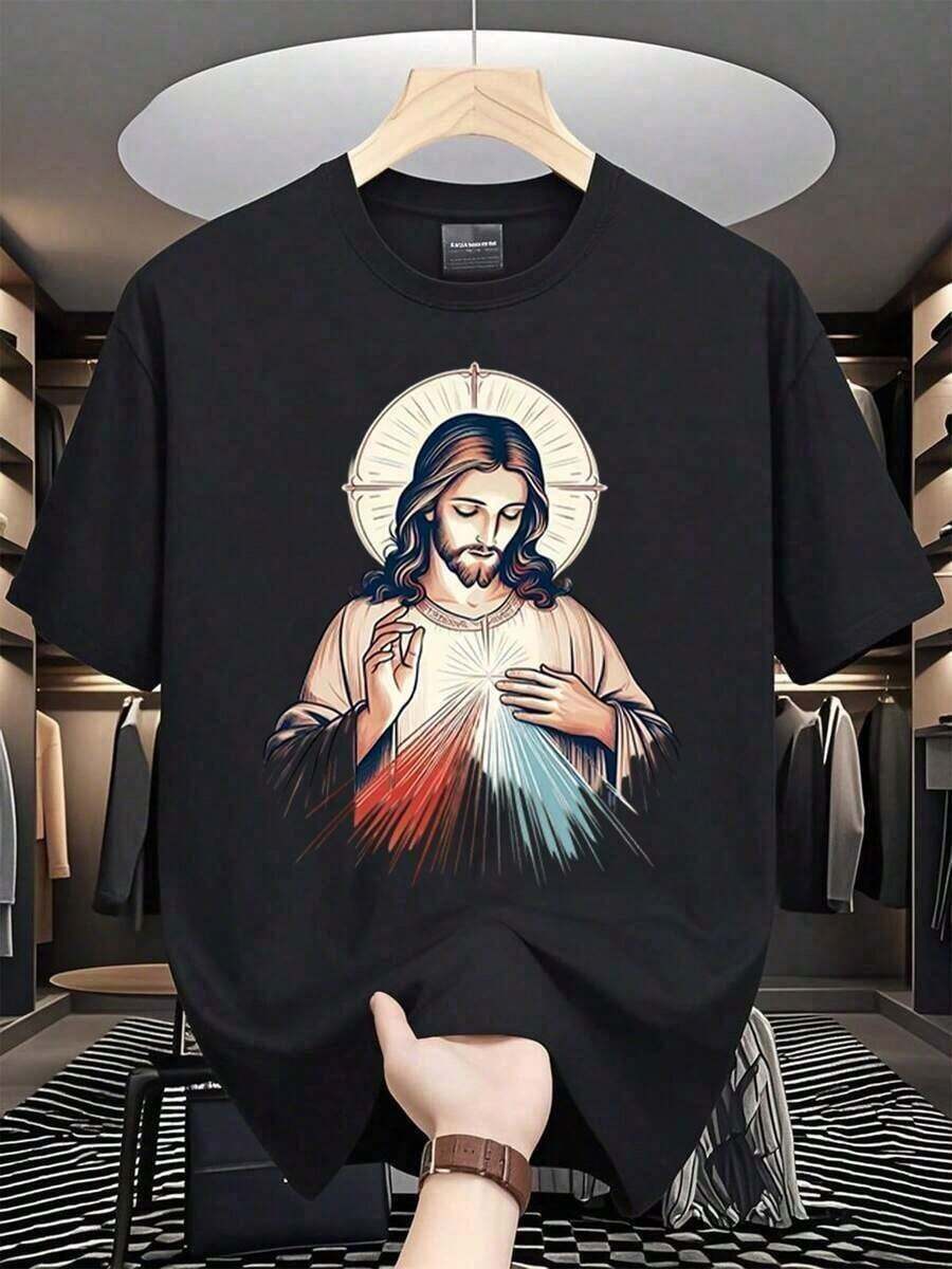 Camiseta Básica de Algodón para Vacaciones| Estampado de la Divina Misericordia en Algodón de 180g, Blanco/Negro| Camiseta Básica Unisex para Capas - Negro - Ver 1