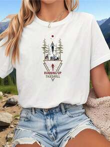 playeras de algodón mujer 1pscCamiseta de inspiración para mujer Running Up That Hill con estampado de bola de discoteca rosa, top corto de cuello redondo - Diseño de fantasía casual de primavera y verano con luz blanca y citas icónicas para vacaciones - Cómoda y lavable a máquina100%cotton ropa de mujer Daily home top - Blanco - Ver 1