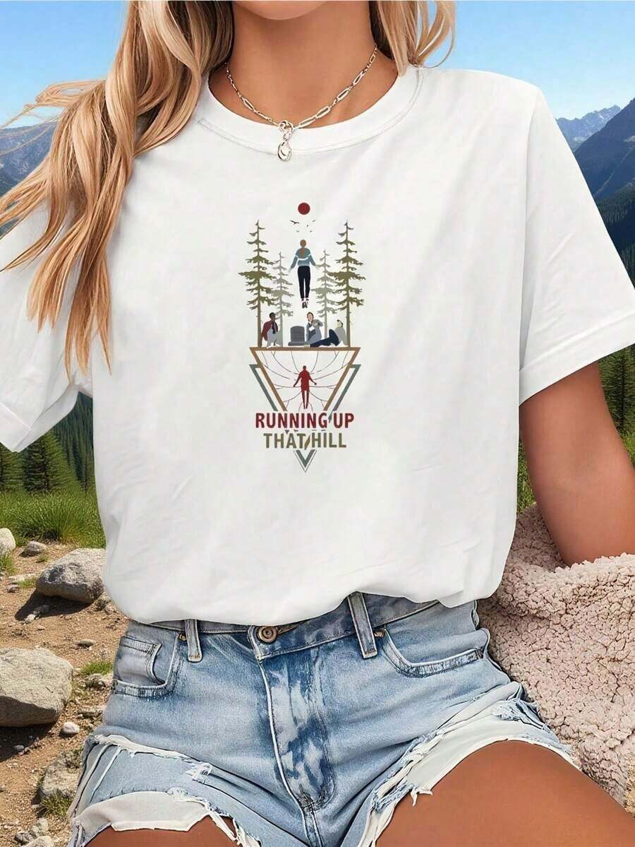 playeras de algodón mujer 1pscCamiseta de inspiración para mujer Running Up That Hill con estampado de bola de discoteca rosa, top corto de cuello redondo - Diseño de fantasía casual de primavera y verano con luz blanca y citas icónicas para vacaciones - Cómoda y lavable a máquina100%cotton ropa de mujer Daily home top - Blanco - Ver 1