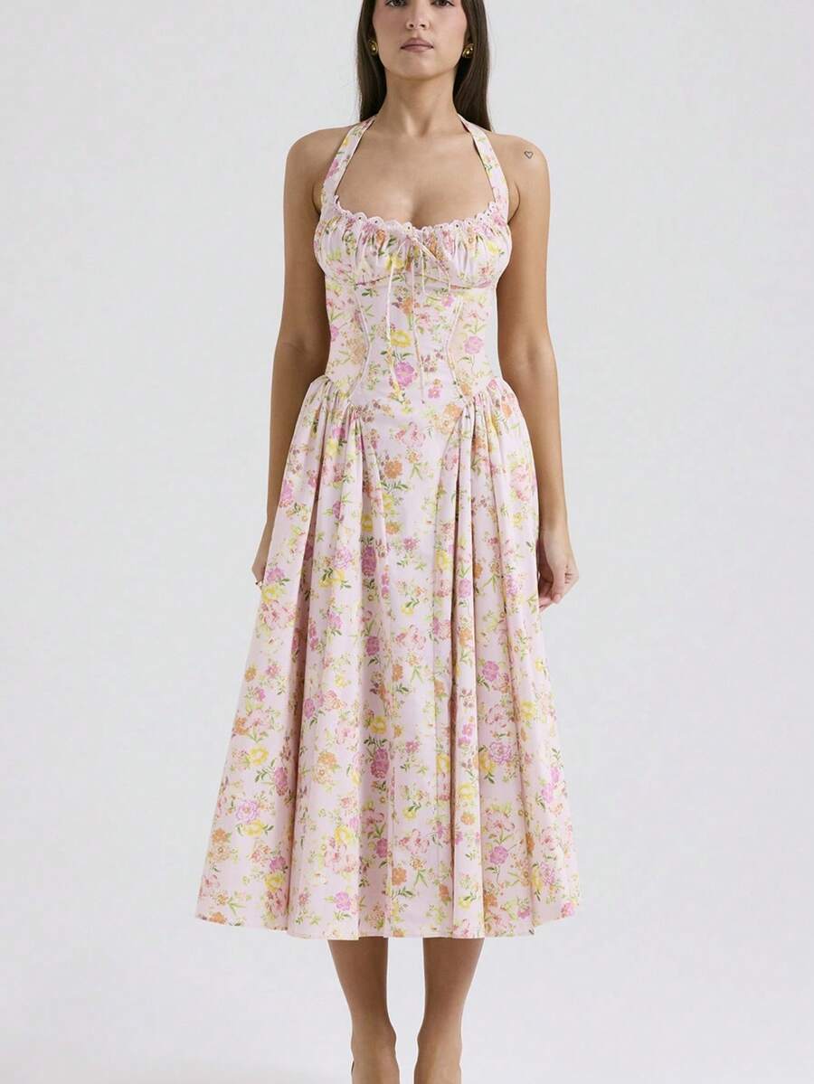 Vestido largo tirantes ajustable con estampado elegante estilo europeo - Rosa Pálido - Ver 1