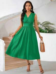 Vestido veraniego sin mangas de mediana longitud para mujer, de tela tejida con textura en color verde - Verde - Ver 6