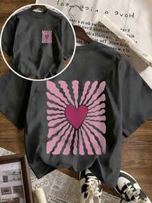 Camiseta de manga corta con cuello redondo y estampado de corazones y rayas.Camiseta de manga corta con cuello redondo, estilo casual y minimalista para mujer, con un diseño lindo, corte holgado, ideal para uso diario y vacaciones.Verano - Gris Oscuro - Ver 7