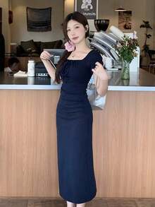Y6Y Vestido elegante de corte ceñido y cuello cuadrado de talla media para mujer, de estilo primavera/verano en color azul francés - Azul - Ver 4