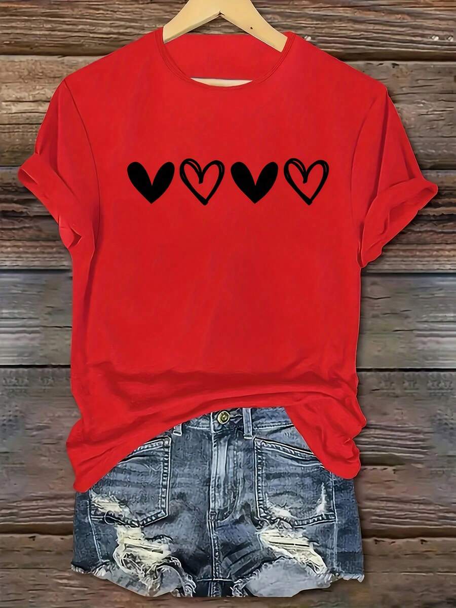 1 pieza de camiseta de manga corta con cuello redondo, estampada con un patrón de corazón simple, estilo casual, para el Día de San Valentín, de la serie deportiva para mujer, 100% algodón.ropa de calor mujer - Rojo - Ver 1