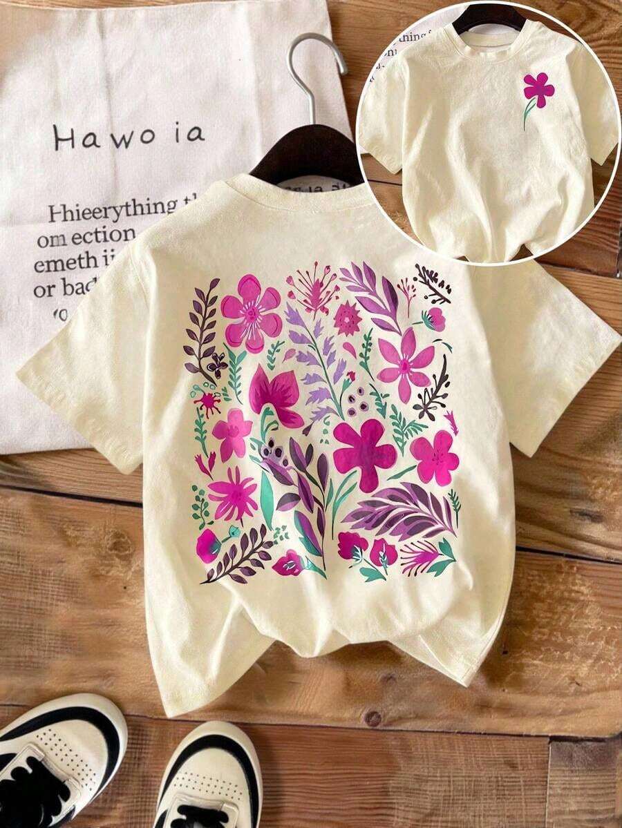Camiseta de Verano para Mujer, Estilo Casual, Versátil y a la Moda, de Manga Corta, con Estampado de Margaritas y Flores Dibujadas a Mano, Estilo Casual y Fresco para el Verano. - Albaricoque - Ver 1