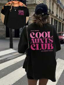 Camiseta de verano para mujer con estampado de doble cara para el Club de las Tías Geniales, diseñada con cuello redondo holgado, lavable a máquina, hecha de tela no transparente, perfecta para la moda de verano. - Negro - Ver 7