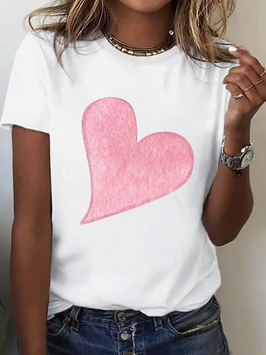 Size - Women's Boho Chic Short Sleeve Graphic T-Shirt - Round Neck Blouse With Black And Pink Heart Print, Casual Chic Top For All Seasons, Machine Washable For Everyday And Special Occasions, Versatile Clothing, Artistic Design, Soft Material, Elegant Shirt, For Lovers Of, Fashion T-Shirt, Comfortable Material, Printed Blouse, Women's - 白色 - 查看 1