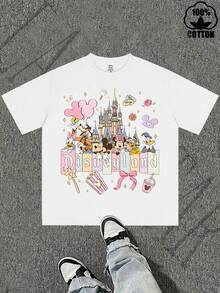 Disney Licensed Mickey & Friends Disneyland Castle Graphic T-Shirt, Cute Casual Style, Ultra-Soft Fabric, Breathable, Perfect For Theme Park Trips & Daily Wear, Unisex For Men And Women - trắng - Xem 2