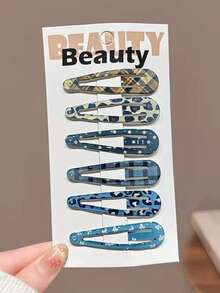 18pcs Random Minimalist Versatile Plaid, Polka Dot, Leopard Print Side Bangs Hair Clips, Suitable For Daily, Washing Face, Vacation, Back To School Occasions - Blue - View 5
