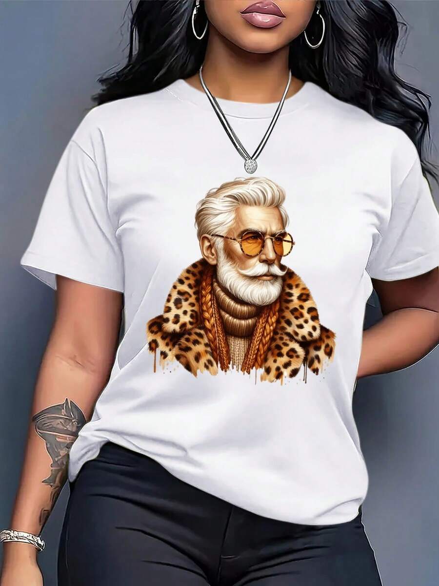 Plus Size Women's Loose Fit T-Shirt - Casual Printed White Blouse, Breathable Summer Shirt For Everyday Wear At Home Or Out, Machine Washable Women's Clothing. - 白色 - 查看 1
