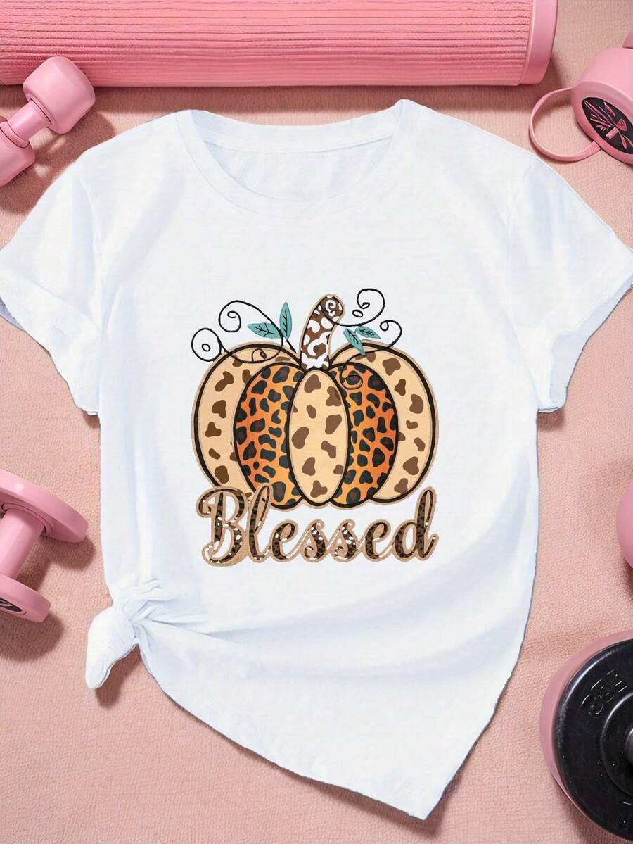 Pumpkin Cheetah Women's Plus Size Short Sleeve Sports T-Shirt, Women's Summer Graphic Tees, Women's Casual Printed T-Shirt, Short Sleeve And Round Neck, Spring/Summer Local Urban Fashion. - 白色 - 查看 1
