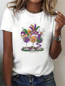 Women's Casual White Short-Sleeve Crew Neck T-Shirt | Three Decorative Prints Of Wine Glasses, Feathers, Crowns, And Festive Beads; Breathable Blouses For Summer And Spring, Suitable For Parties, Carnivals, And Casual Wear; Vibrant Print T-Shirts, Non-See-Through Material. Women's Summer Graphic Tees, Casual Printed Short-Sleeve Crew Neck T-Shirt, Local Spring/Summer Streetwear. - 白色 - 查看 1