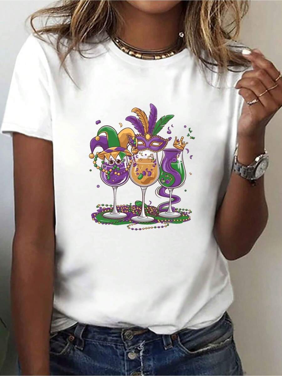 Women's Casual White Short-Sleeve Crew Neck T-Shirt | Three Decorative Prints Of Wine Glasses, Feathers, Crowns, And Festive Beads; Breathable Blouses For Summer And Spring, Suitable For Parties, Carnivals, And Casual Wear; Vibrant Print T-Shirts, Non-See-Through Material. Women's Summer Graphic Tees, Casual Printed Short-Sleeve Crew Neck T-Shirt, Local Spring/Summer Streetwear. - 白色 - 查看 1