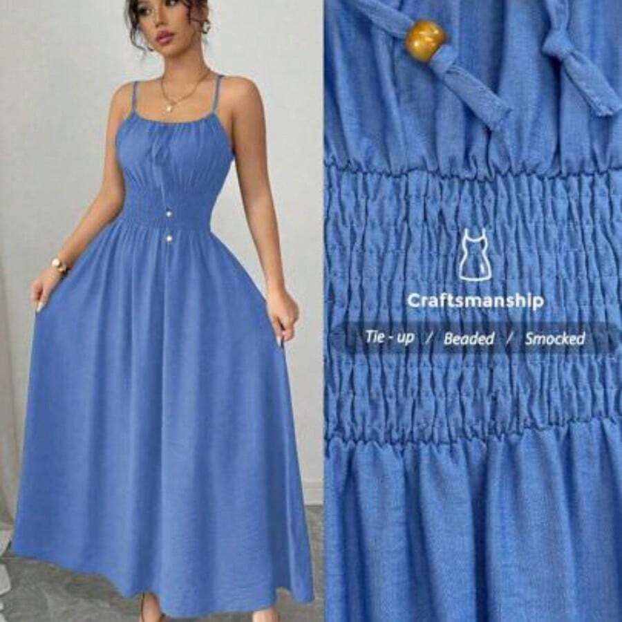 Elenzya Women's Casual Coffee Color Comfortable Linen-Like Front Bowknot Waist Drawstring Loose Slip Dress, Spring/Summer - Azul - Ver 1