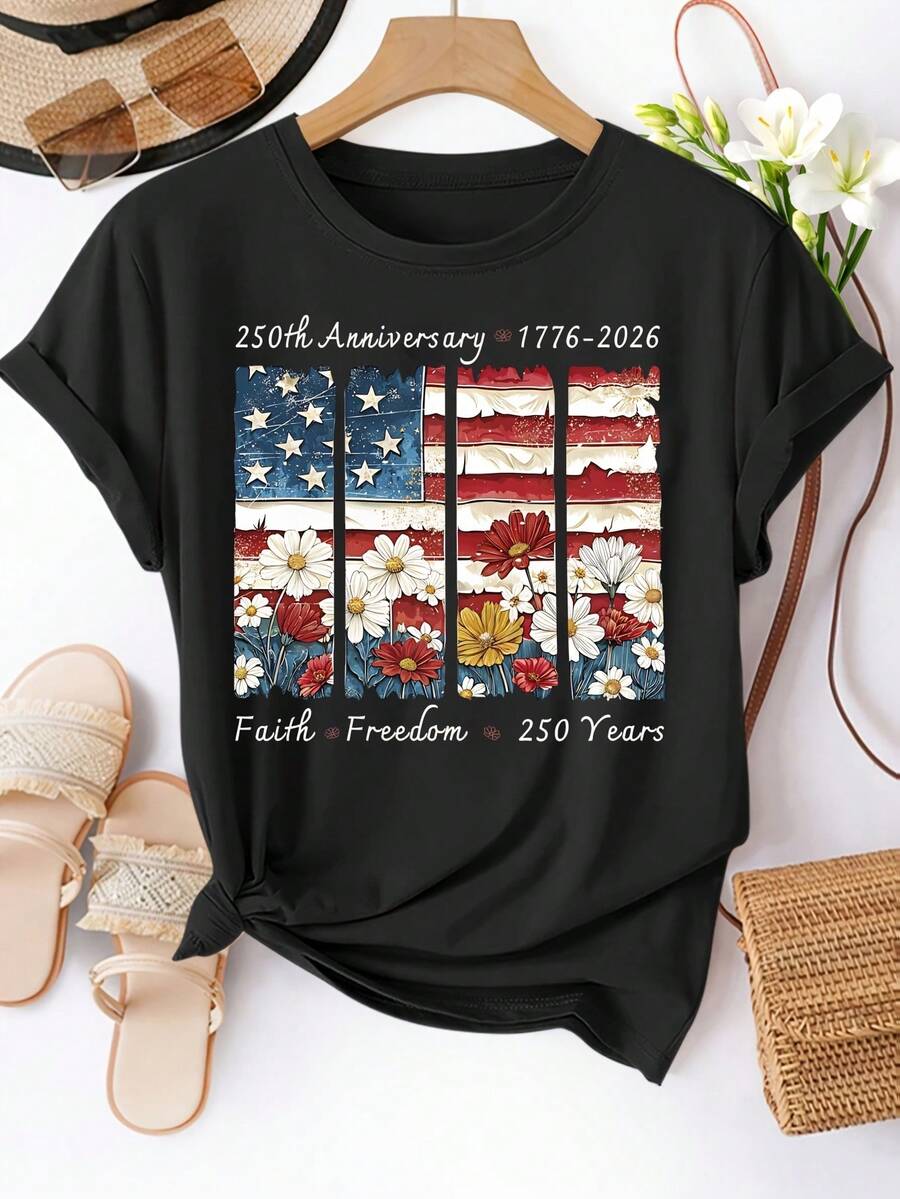Women's Plus Size Short Sleeve T-Shirt With Round Neck And Casual Fit, Featuring Floral Print Of The American Flag, Machine Washable, Spring/Summer T-Shirt, Fun Design, Comfortable Fit, 250th Anniversary Of The United States T-Shirt. - 黑色 - 查看 1