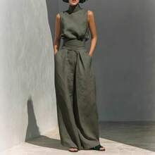 Nuevo 2026 Conjunto Dos Piezas Mujer Algodón Lino Sin Mangas Pantalones Casual Primavera Verano - azul claro - Ver 5