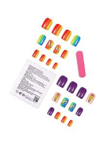 Back To School Press On Nails - Cute Rainbow Ombre Short Square Fake Nails With Pencil & Ruler Print, Colorful Gradient Acrylic False Nails For Students, Teachers, Daily Wear 24Pcs - Multicolor - View 5