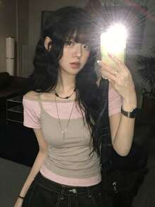 YCYC Korean Style Summer Layering Off-Shoulder Slimming Versatile Striped 2 In 1 Short Sleeve Camisole Top Casual Pink - Pink - View 5