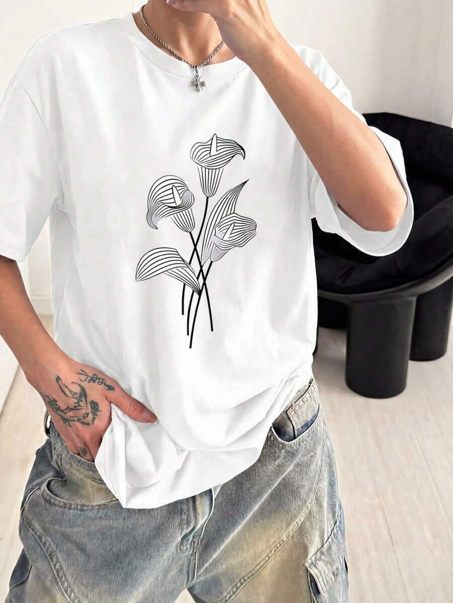 Camiseta Casual para Mujer con Estampado Floral Blanco, Cuello Redondo y Hombros Caídos, Mangas Cortas, Tejido de Punto de Elasticidad Media 8JPM - Blanco - Ver 1