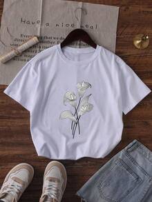 Camiseta Casual para Mujer con Estampado Floral Blanco, Cuello Redondo y Hombros Caídos, Mangas Cortas, Tejido de Punto de Elasticidad Media Y8SF - Blanco - Ver 3