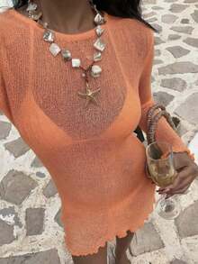 Vestido de cárdigan de punto corto con cuello redondo y manga larga, calado en rosa.Vestido de punto elegante, casual y cómodo para mujer, ideal para primavera/verano, para usar en la playa, resort, fiestas de traje de baño o vacaciones.Diseño minimalista de unicolor y falda corta. - Naranja - Ver 6