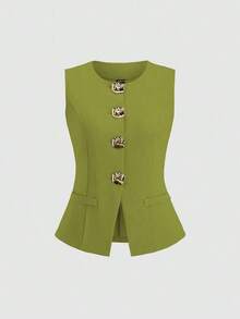 delgado sin mangas para mujer con botones metálicos grandes de estilo minimalista francés - Verde - Ver 5