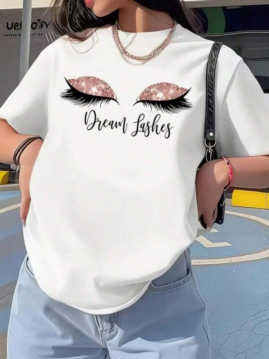 Women's Pure Cotton T-Shirt, Plus Size T-Shirt For Women, Fashionable Printed T-Shirt With The Glamorous Slogan "Dreamy Lashes" Suitable For All Seasons, Daily Wear, Perfect Gift, Fashionable Choice For Outdoor Activities, Casual Wear, Women's Going Out T-Shirts - 白色 - 查看 1